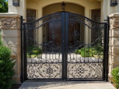 Elegant custom iron gate with intricate scrollwork design installed at residential entrance