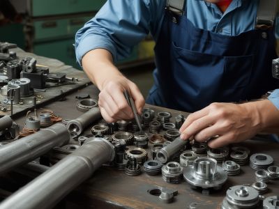 Industrial equipment components and custom machinery parts in repair workshop