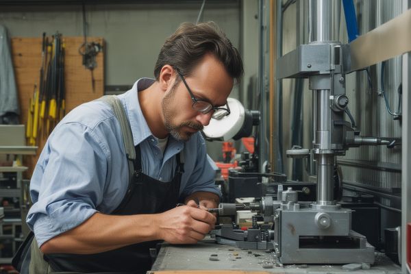 Skilled craftsman working on precision metal fabrication with detailed tools and measuring equipment
