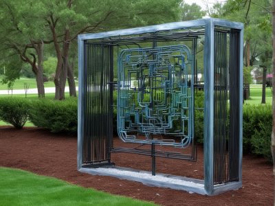 Custom outdoor sculpture or artistic metal installation in landscape setting