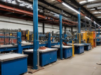 Custom metal fabrication showing various welded parts and equipment in workshop