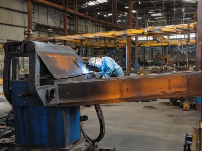 Structural steel beams being welded together in industrial construction setting
