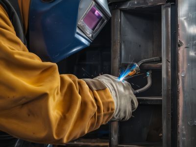 Professional MIG welding in progress showing clean metal join with bright welding arc