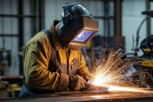 Professional welder wearing safety equipment working on metal project in modern welding shop