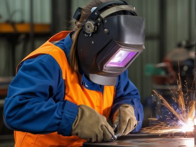Female welding expert in safety gear working on precision welding project