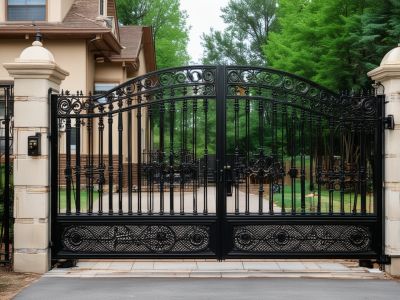 Custom residential gate installation with ornamental ironwork and security features