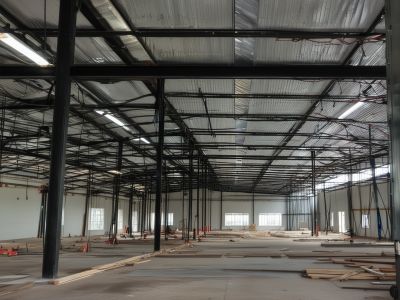 Commercial building construction with steel beam installation and welding work