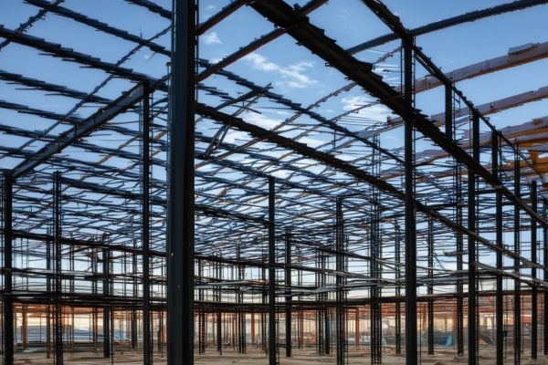 Large commercial building construction project with visible steel framework and structural beams