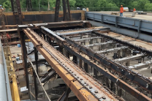 Bridge repair project showing structural steel beam welding and reinforcement work