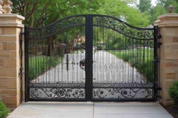 Custom ornamental iron gate installation with intricate scrollwork and design details