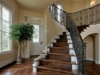 Custom decorative iron staircase with ornate railing and artistic elements
