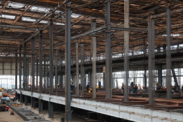 Large steel structure being assembled with professional welders working on heavy industrial framework