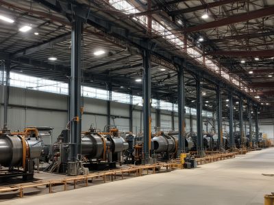 Industrial manufacturing facility with large steel equipment and structural supports