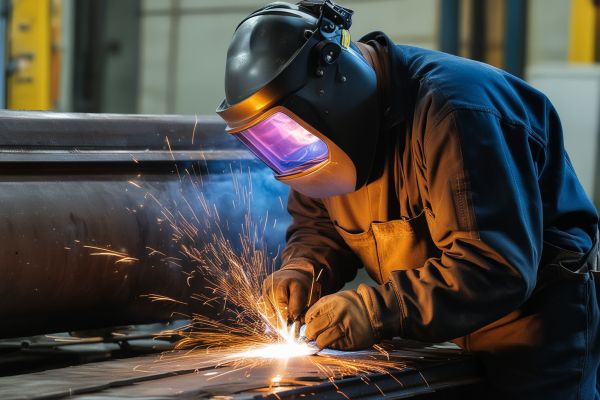 Certified welder in safety gear performing precision structural welding with quality testing equipment