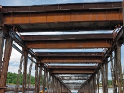 Bridge infrastructure showing steel beam connections and welding work on roadway support structure
