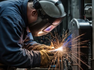 MIG welder creating precise weld on metal surface in professional setting