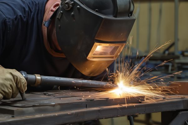 Artisan welder creating intricate custom metalwork with torch and precision tools in workshop